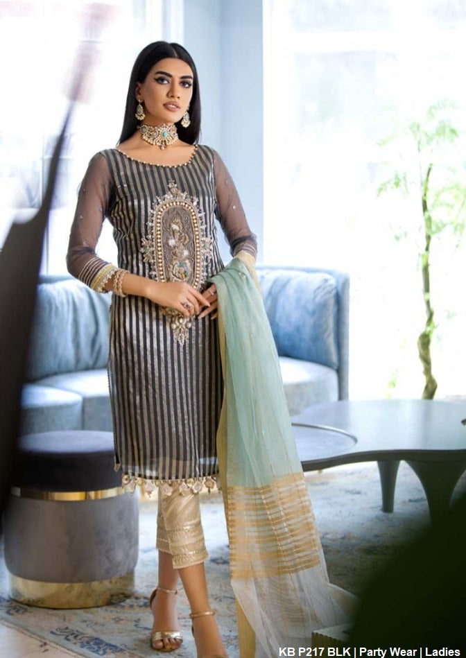 Karandi organza shirt KB P217 - Pakistani women's party wear with banarsi cotton trouser front view