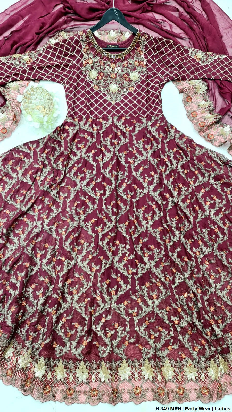 Chiffon long maxi HE 349 - Pakistani women's luxury formal wear with grip trouser and chiffon dupatta front view