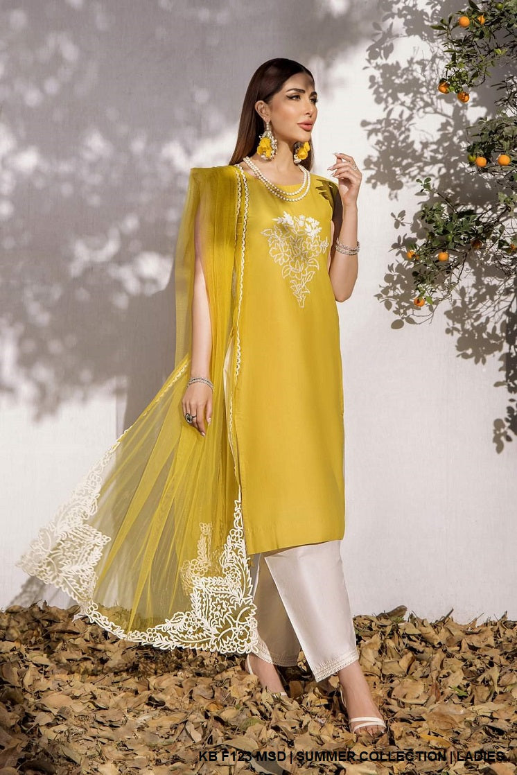 KB F123 Pakistani women's pure cotton lawn outfit detail view