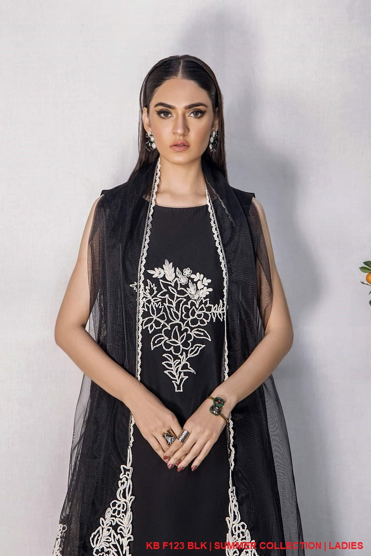 KB F123 cotton lawn Pakistani women's thread embroidered outfit side view