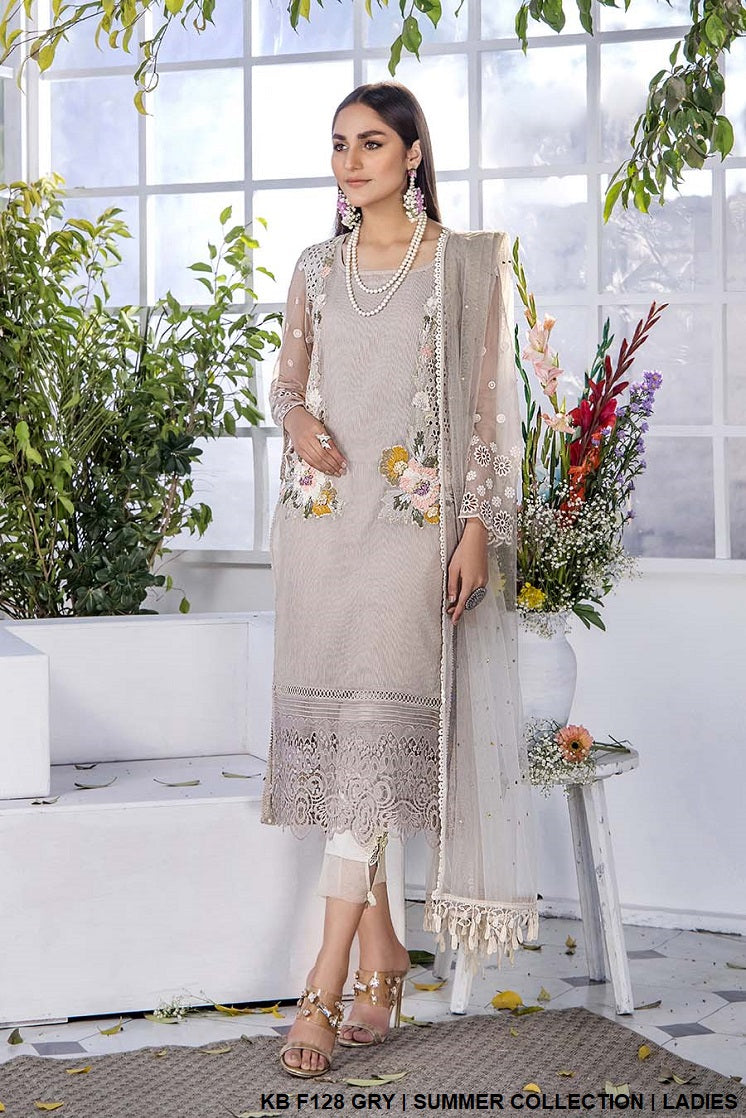 KB F128 Pakistani women's pure cotton chicken outfit with net dupatta back view