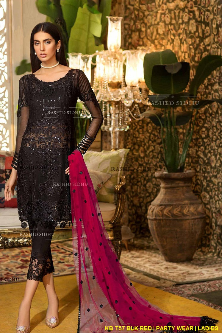 Chiffon straight shirt KB T57 - Pakistani women's party wear with silk trouser and net dupatta front view