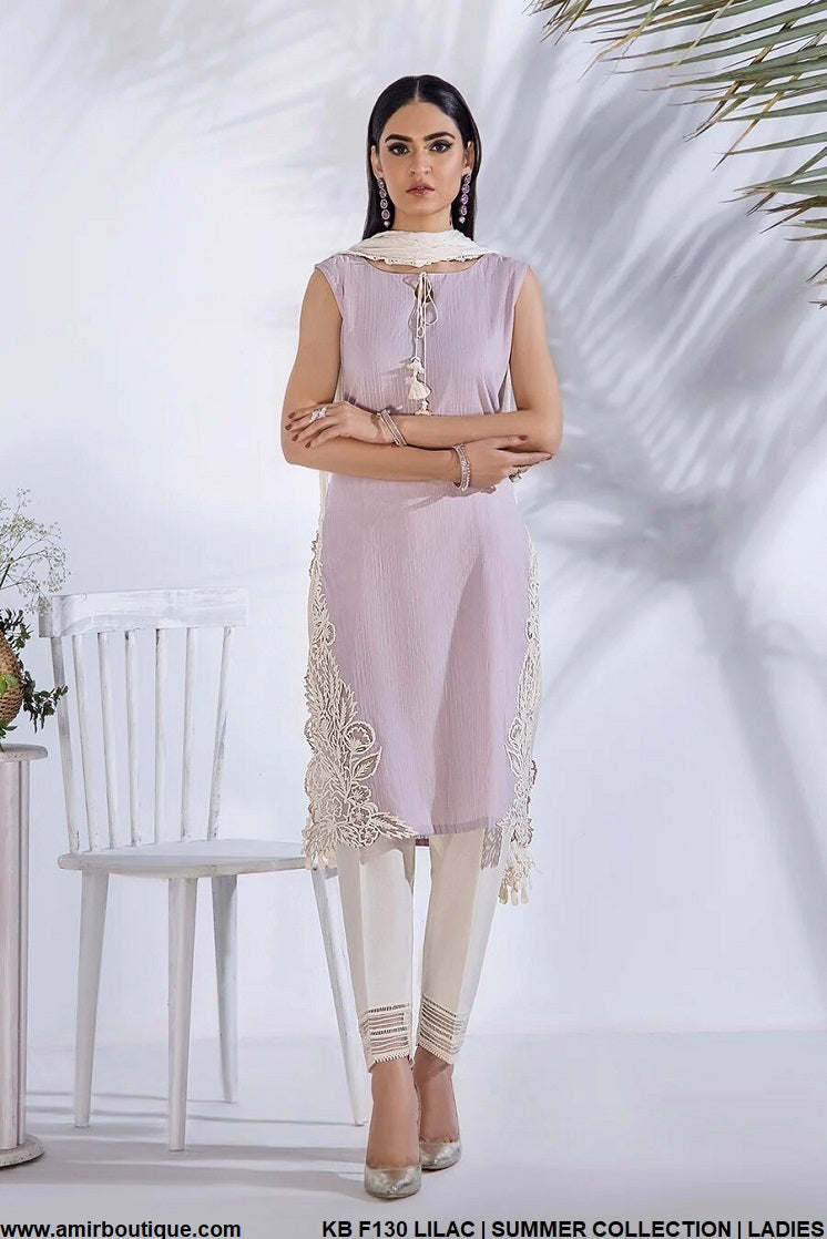 Khadi cotton straight shirt KB F130 - Pakistani women's casual outfit with chiffon dupatta front view