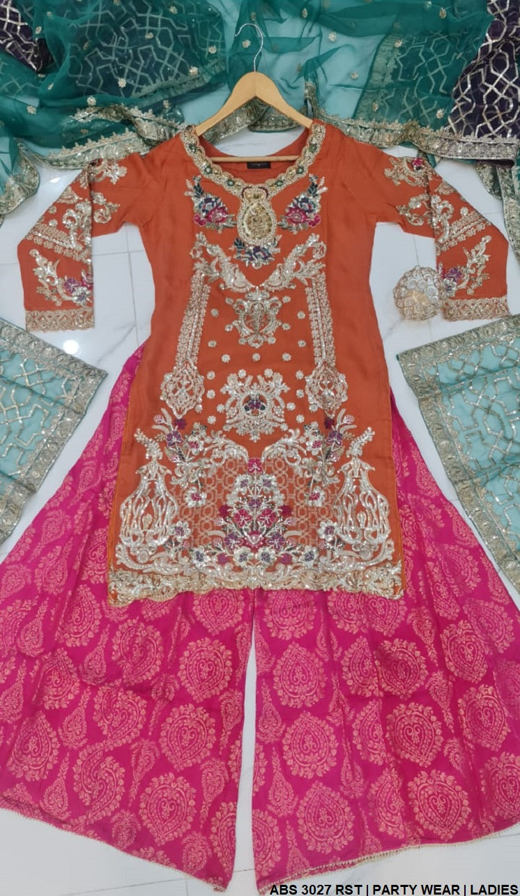 ABS 3027 Pakistani women's chiffon shirt with jamawar sharara full view