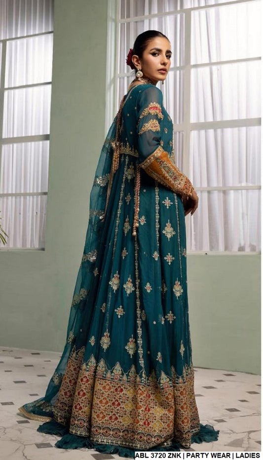 ABL 3720 chiffon Pakistani women's long maxi with sharara back view