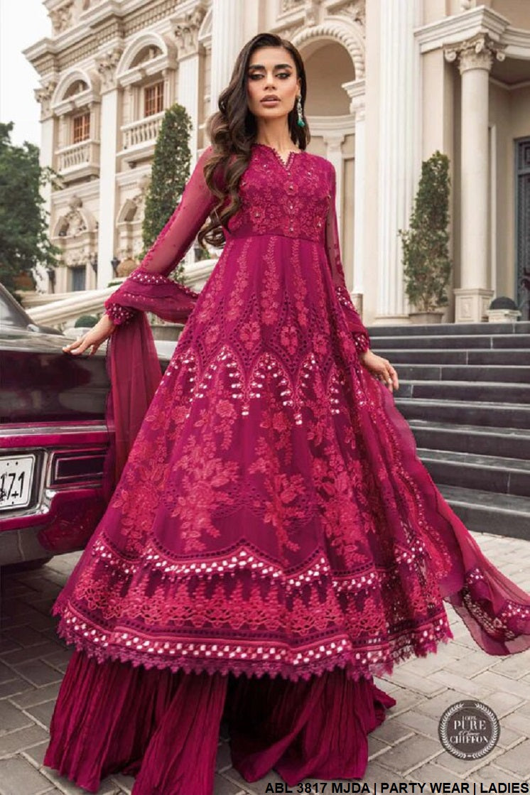 Chiffon long frock ABL 3817 - Pakistani women's party wear with grip trouser and chiffon dupatta front view