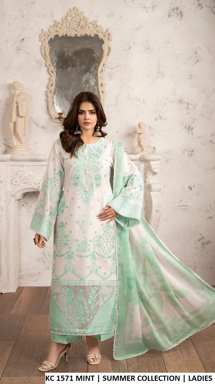 Cotton chikankari long shirt KC TABEER 1571 MINT - Pakistani women's casual embroidered outfit with printed dupatta front view