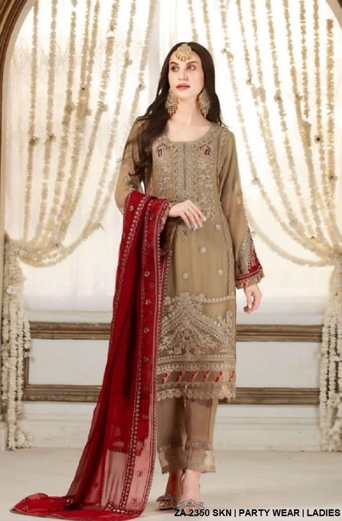 Chiffon straight shirt ZA 2350 - Pakistani women's elegant casual outfit with grip trouser front view