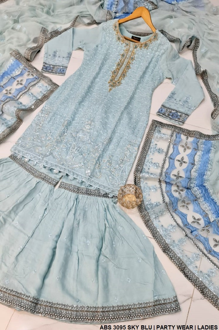ABS 3095 Pakistani women's chiffon shirt gharara back view