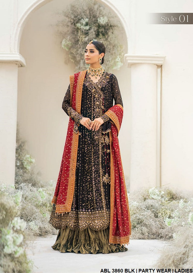 Chiffon angrakha style frock ABL 3860 - Pakistani women's formal wear with heavy embroidered dupatta front view