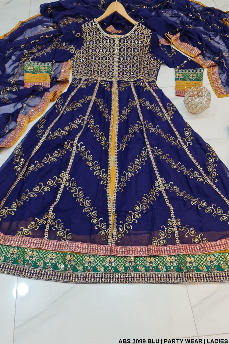 ABS 3099 chiffon Pakistani women's open frock with grip trouser back view