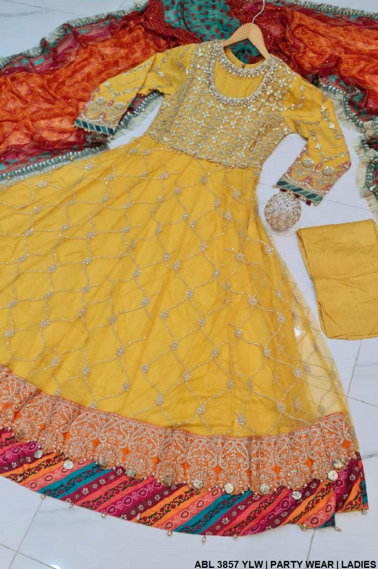 ABL 3857 Pakistani women's net long maxi formal outfit back view