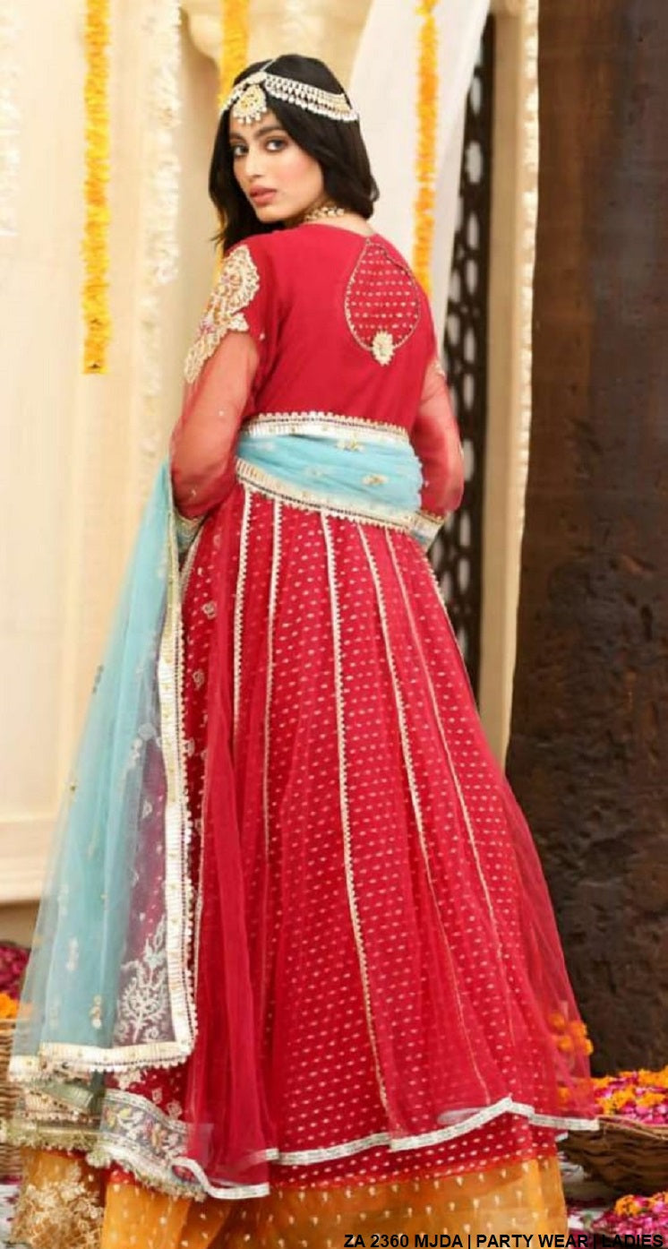 ZA 2360 net Pakistani women's open style frock formal outfit side view
