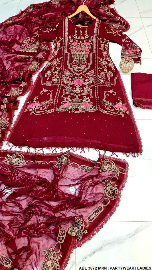 ABL 3872 chiffon A-Line Pakistani women's dress with chiffon dupatta back view