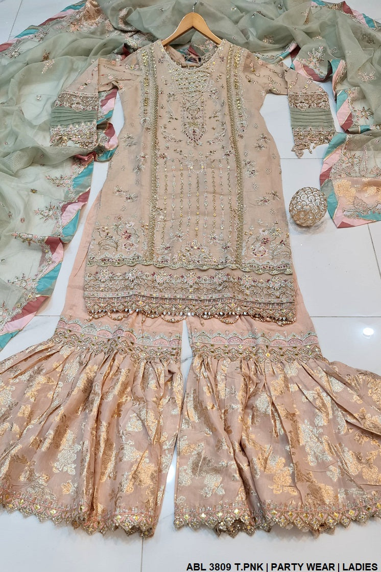 ABL 3809 masuri Pakistani women's straight shirt with gharara side view