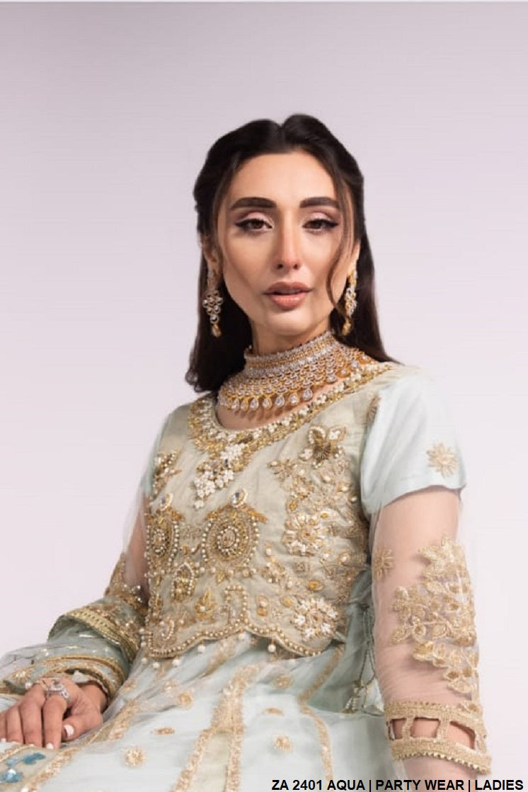 ZA 2401 net Pakistani women's long maxi formal outfit side view