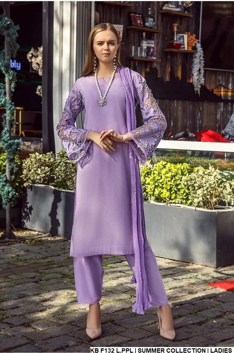 Pure cotton cut-work shirt KB F132 - Pakistani women's casual elegant outfit with chiffon dupatta front view