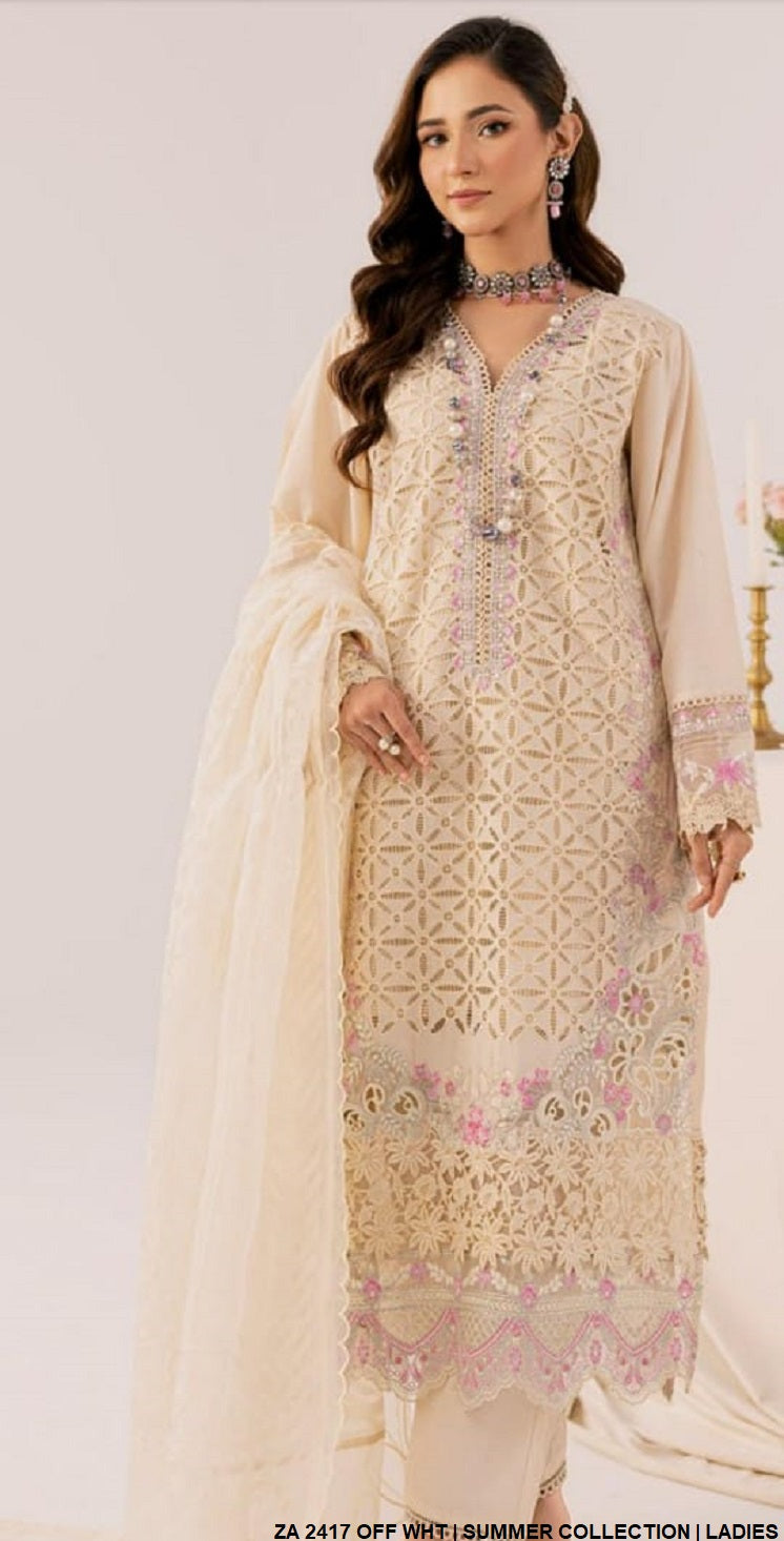Cotton straight shirt ZA 2417 - Pakistani women's casual outfit with broshia organza dupatta front view
