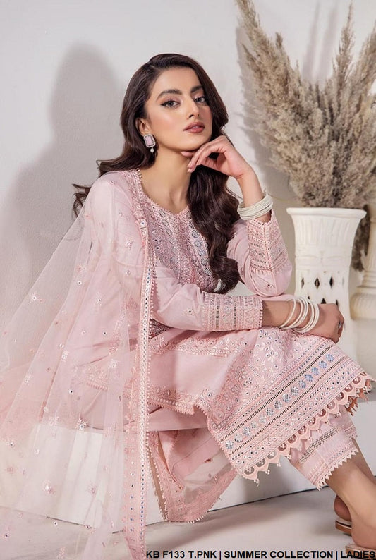 KB F133 PINK pure cotton Pakistani women's hand embroidered outfit back view