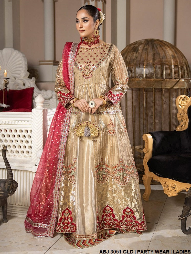 Net open gaun maxi ABJ 3051 - Pakistani women's luxury formal wear with grip trouser and zari organza dupatta front view