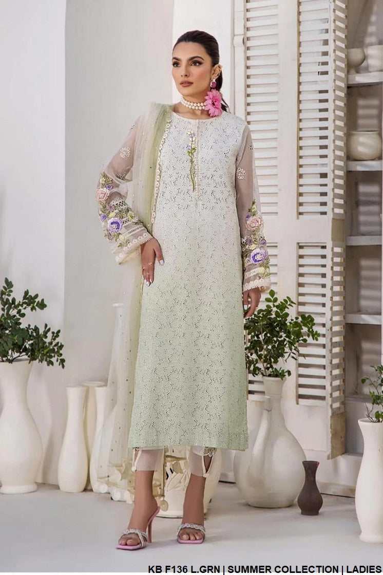 KB F136 pure cotton chikan Pakistani women's hand embroidered outfit side view