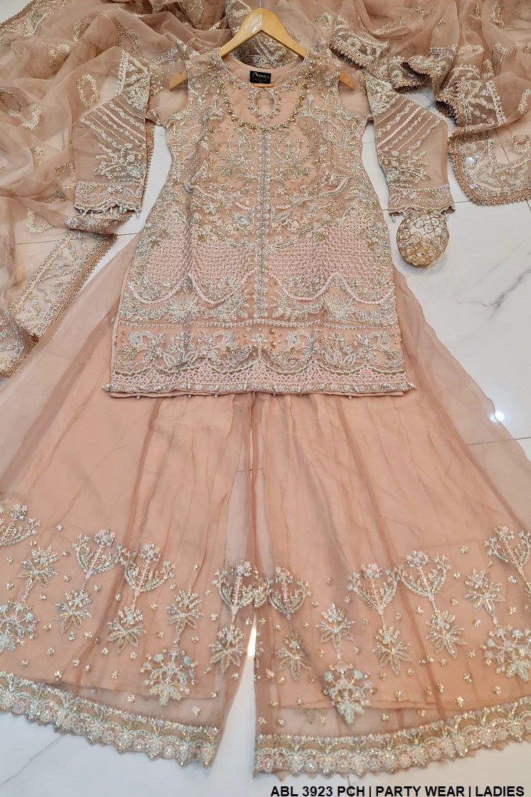 ABL 3923 organza Pakistani women's straight shirt with organza plazo side view