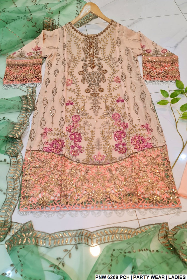 PNW 6269 Pakistani women's chiffon straight shirt detail view