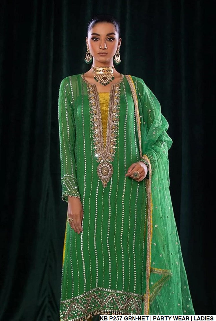 KB P257 NT crinkle chiffon Pakistani women's embroidered outfit back view