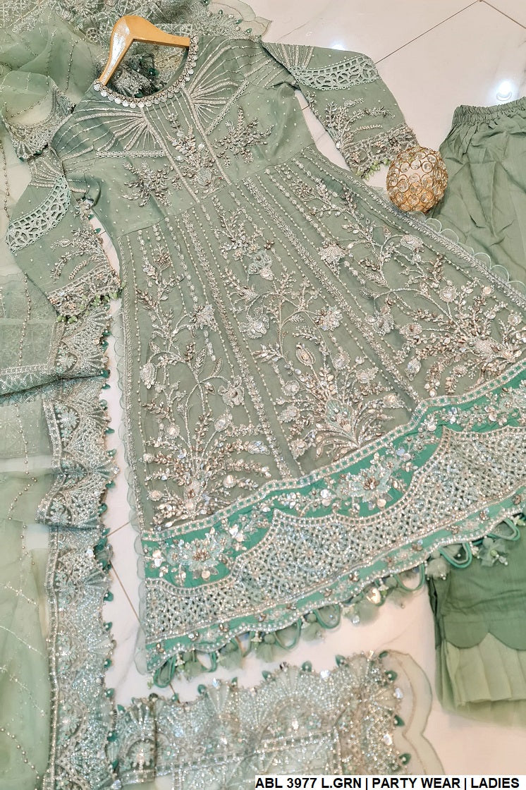 ABL 3977 Pakistani women's organza A-Line dress with organza dupatta back view