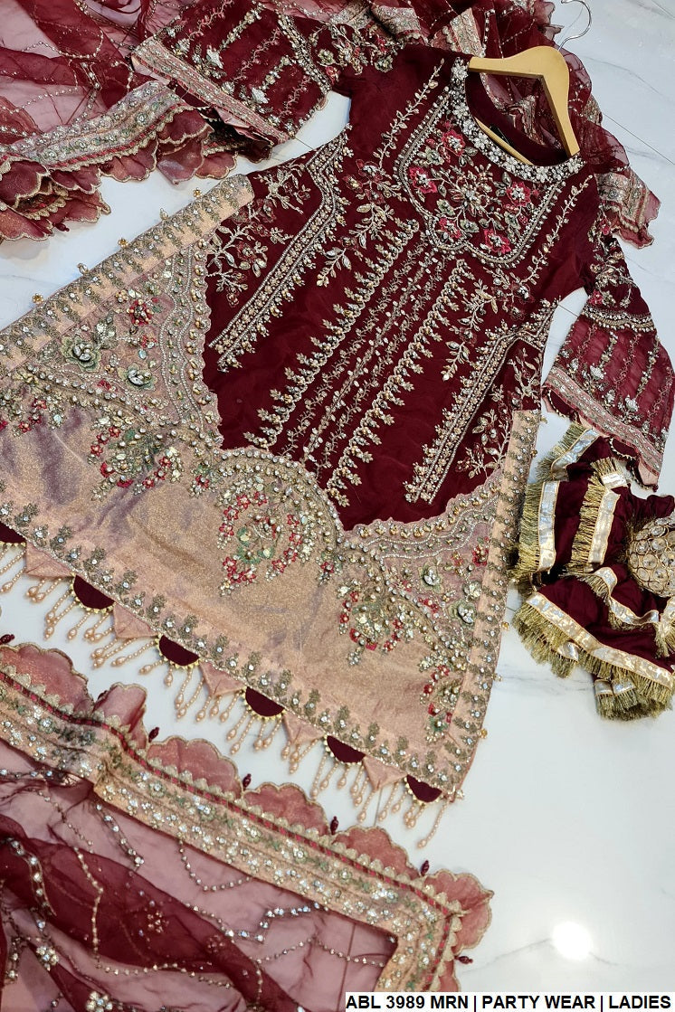ABL 3989 Pakistani women's organza A-Line gharara full view