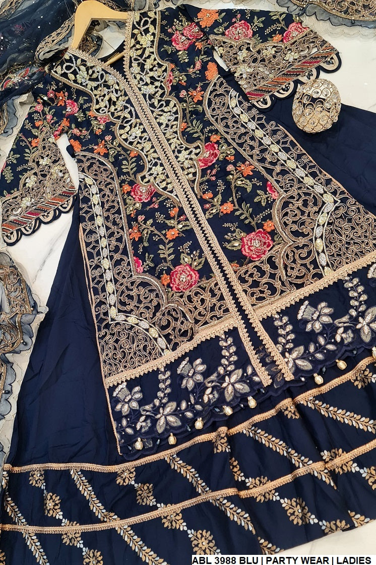 ABL 3988 Pakistani women's organza formal set with net dupatta detail view