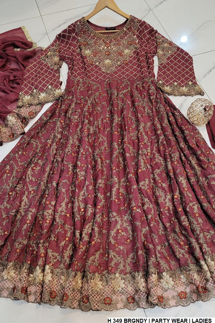 HE 349 Pakistani women's chiffon long maxi with chiffon dupatta back view