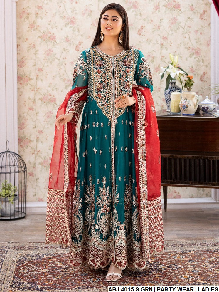 Chiffon open gown ABJ 4015 - Pakistani women's luxury formal wear with grip trouser and organza dupatta front view