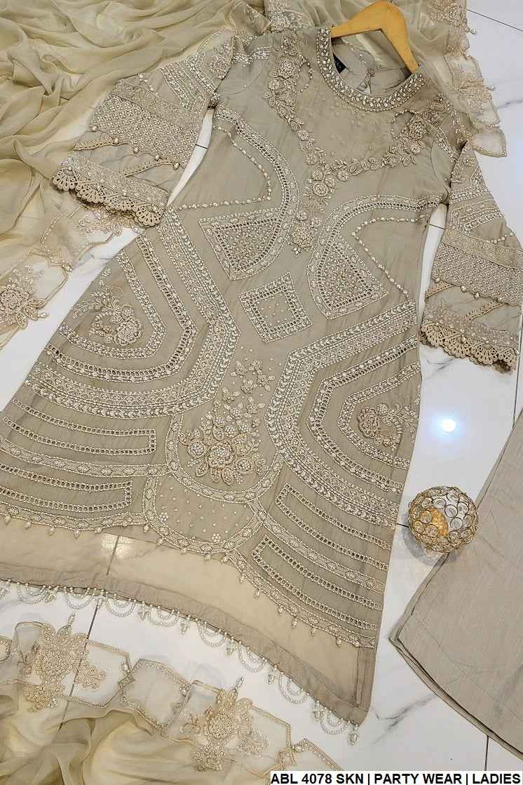 ABL 4078 Pakistani women's chiffon A-Line shirt with viscose trouser detail view