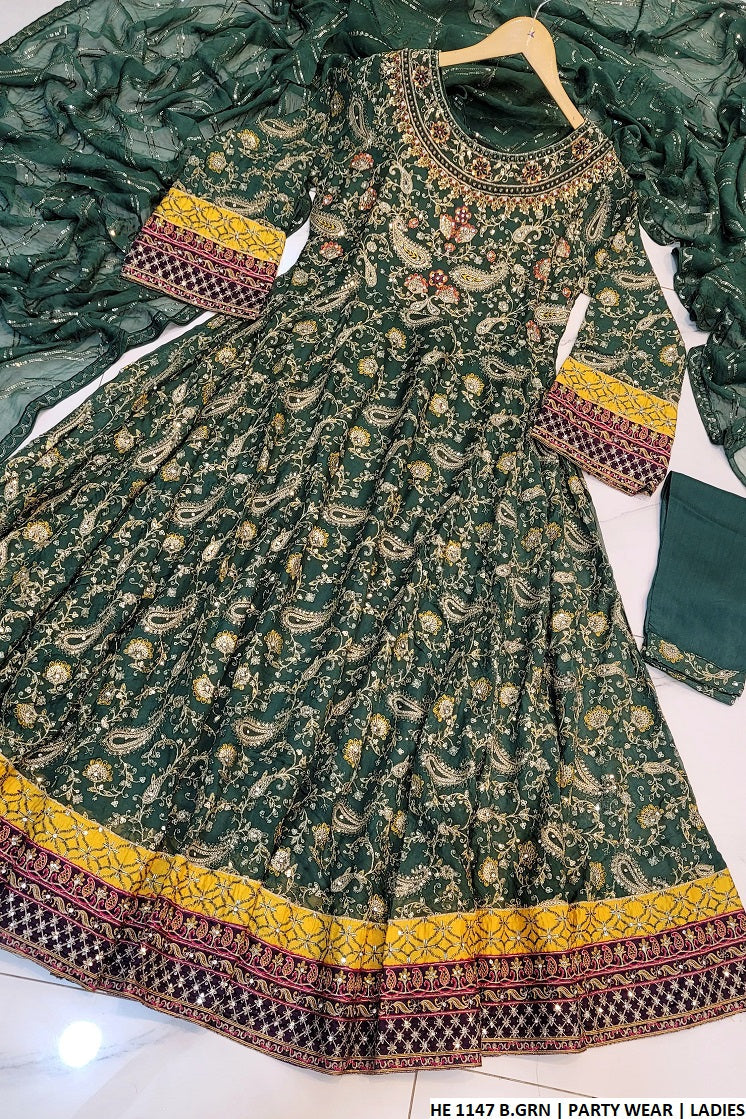 HE 1147 Pakistani women's chiffon long frock back view