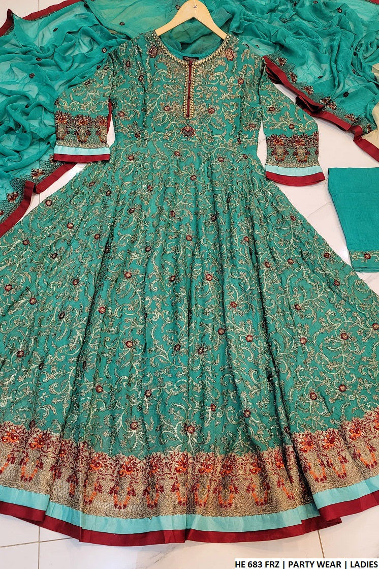 Chiffon long frock HE 683 - Pakistani women's luxury formal wear with viscose trouser and chiffon dupatta front view