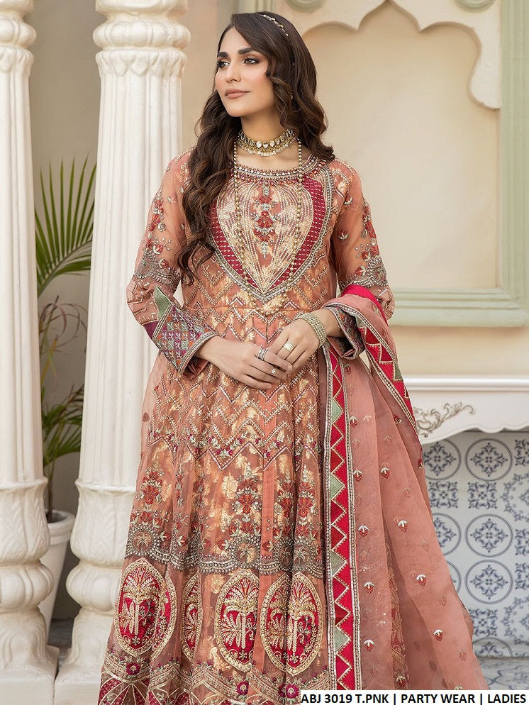 Organza long open maxi ABJ 3019 - Pakistani women's luxury bridal formal wear with organza dupatta front view