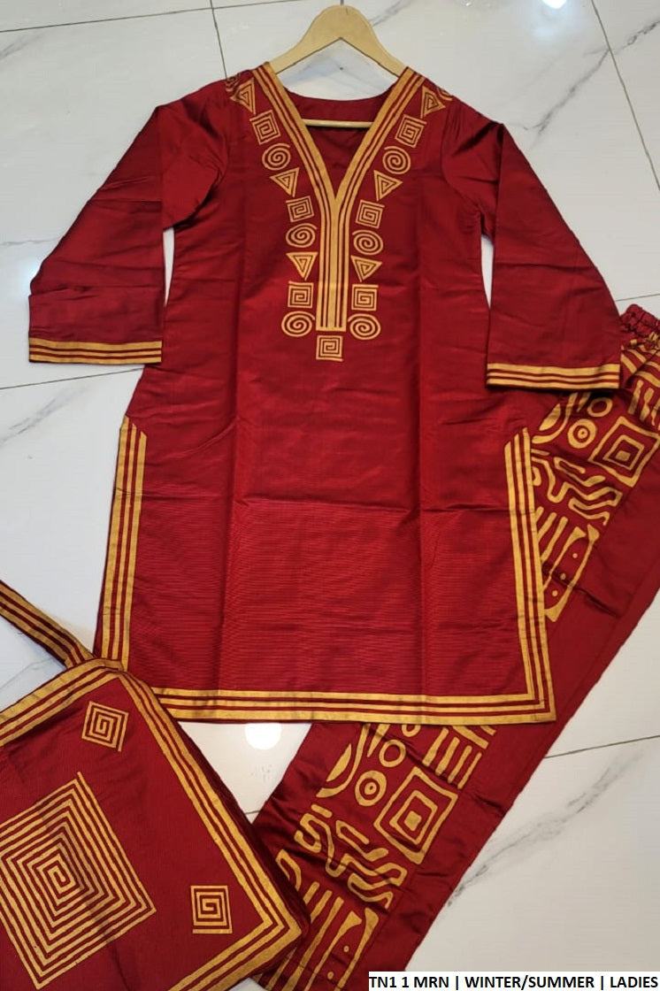 Shambray katan straight shirt TN1 1 - Pakistani women's elegant outfit with matching bag front view