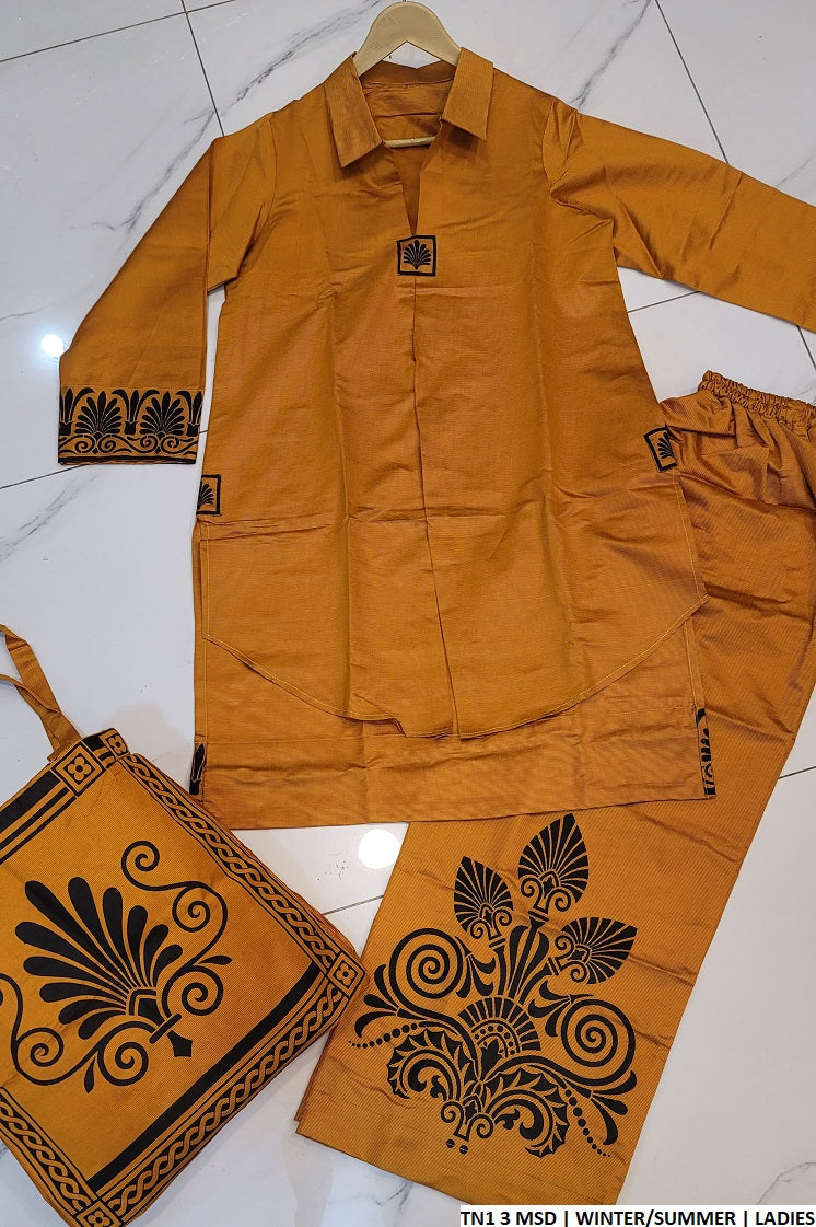Katan gol daman shirt TN1 3 - Pakistani women's casual elegant outfit with matching bag front view