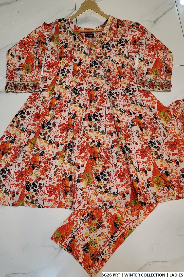 SG26 Pakistani women's linen angrakha frock detail view