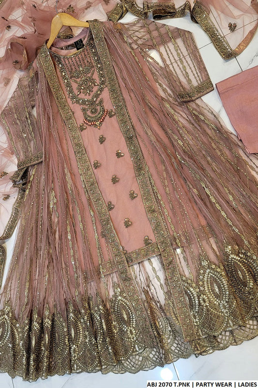 ABJ 2070 soft net Pakistani women's gown style outfit back view