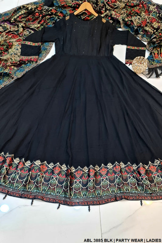 ABL 3885 chiffon long frock Pakistani women's dress with chiffon dupatta side view