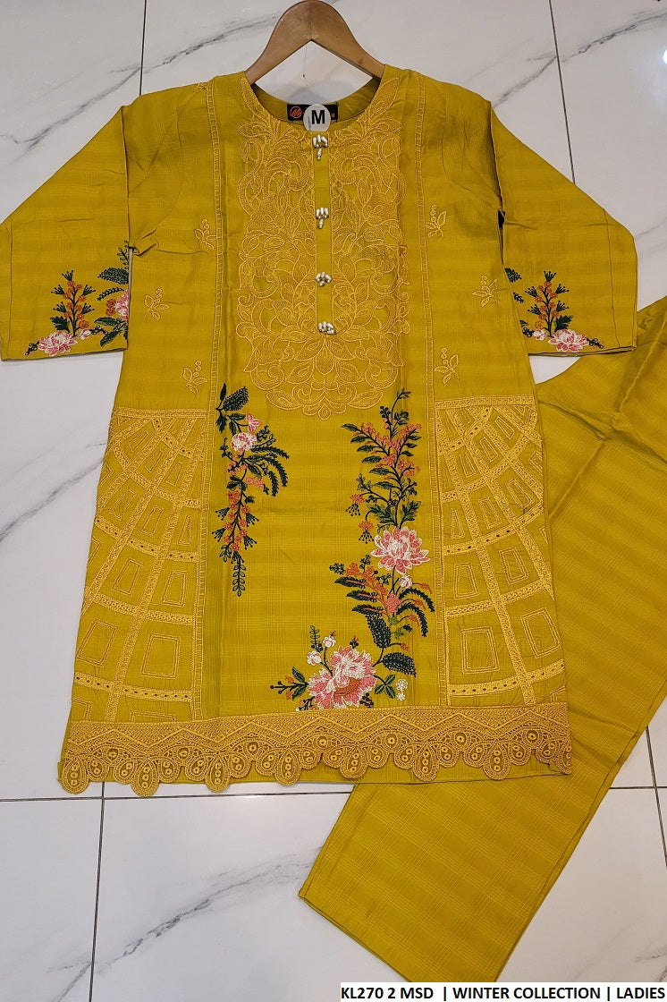 Winter cotton straight shirt KL270 2 - Pakistani women's cozy winter suit front view