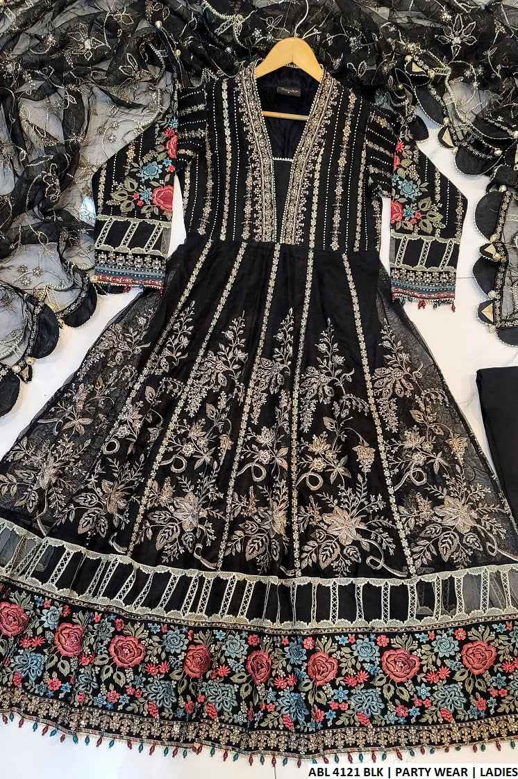 Net Long Frock ABL 4121 BLK - Pakistani women's party wear with organza dupatta detail view