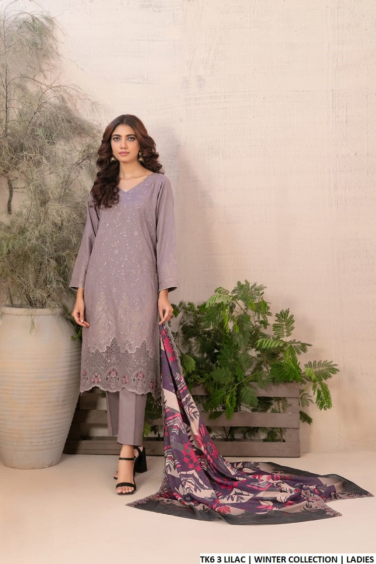 Karandi A-Line shirt TK6 3 - Pakistani women's winter 3-piece suit front view