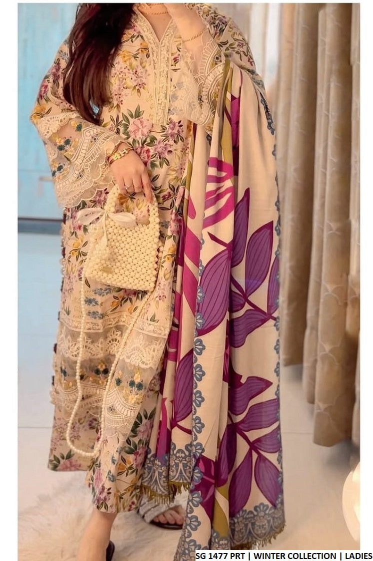 Sulb Khaddar straight shirt SG 1477 - Pakistani women's winter suit with digital khaddar shawl front view
