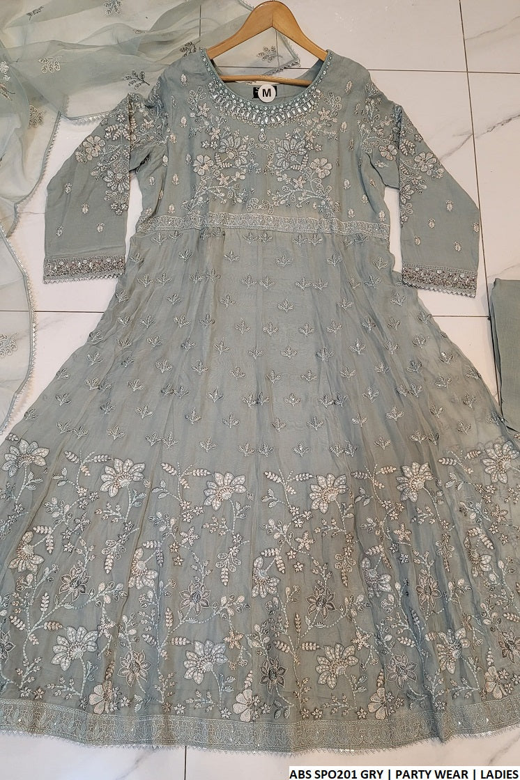 Chiffon long frock ABS SPO201 - Pakistani women's formal party wear with organza dupatta front view