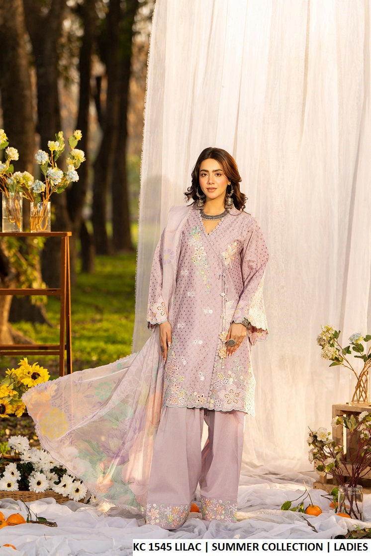 Cotton chikankari angrakha short shirt lilac - Pakistani women's festive outfit with farshi shalwar and printed silk dupatta front view