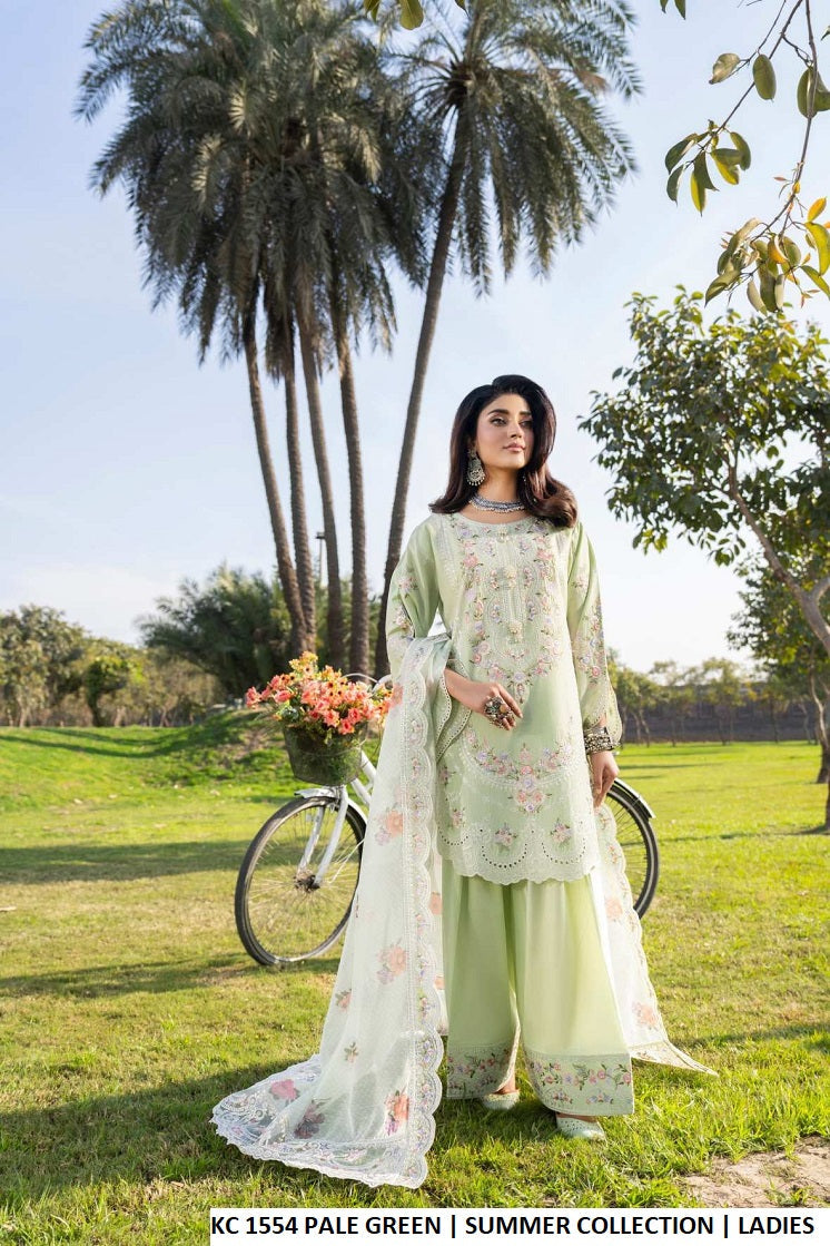 Cotton short shirt farshi shalwar pale green - Pakistani women's traditional casual outfit with digital print dupatta front view