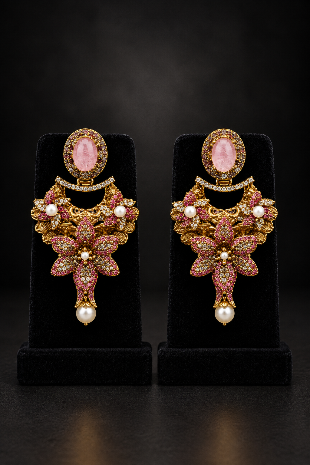 JW175 – Gold-Tone Pink Floral Statement Earrings with Pearl-Style Drops